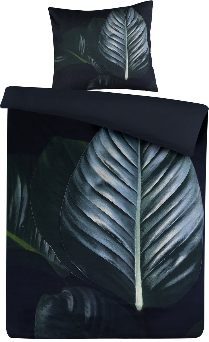 Padiro dekbedovertrek 260 x 220 cm - zwart / groen - exotisch bladeren design - katoensatijn - met 2 kussenslopen 50 x 70 cm