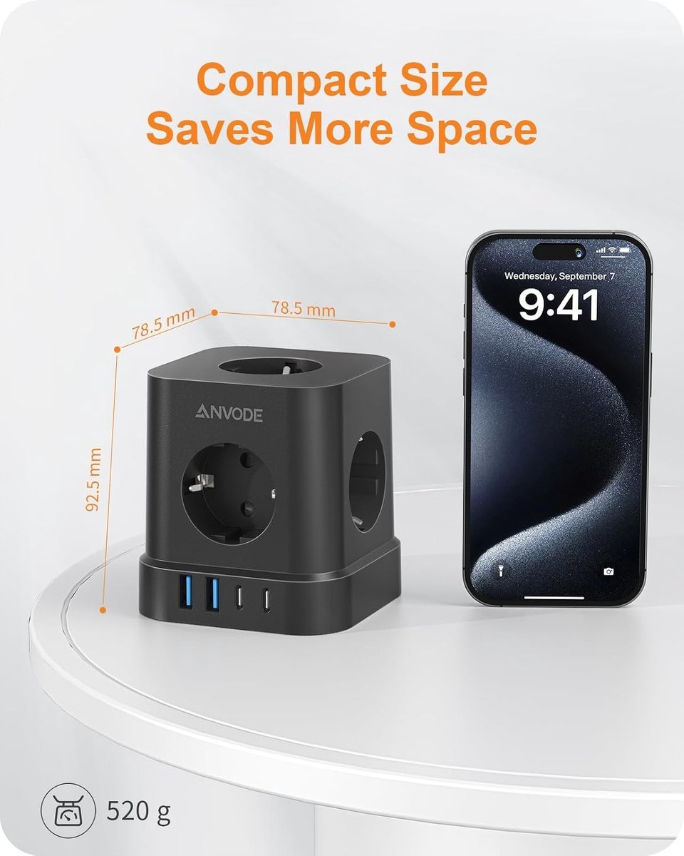 Stekkerdoos met USB C - Zwart - 9,3 x 8 x 8 cm - 5-voudige Meervoudige Stekkerdoos met Schakelaar en Overspanningsbeveiliging - Voor Thuis en Kantoor