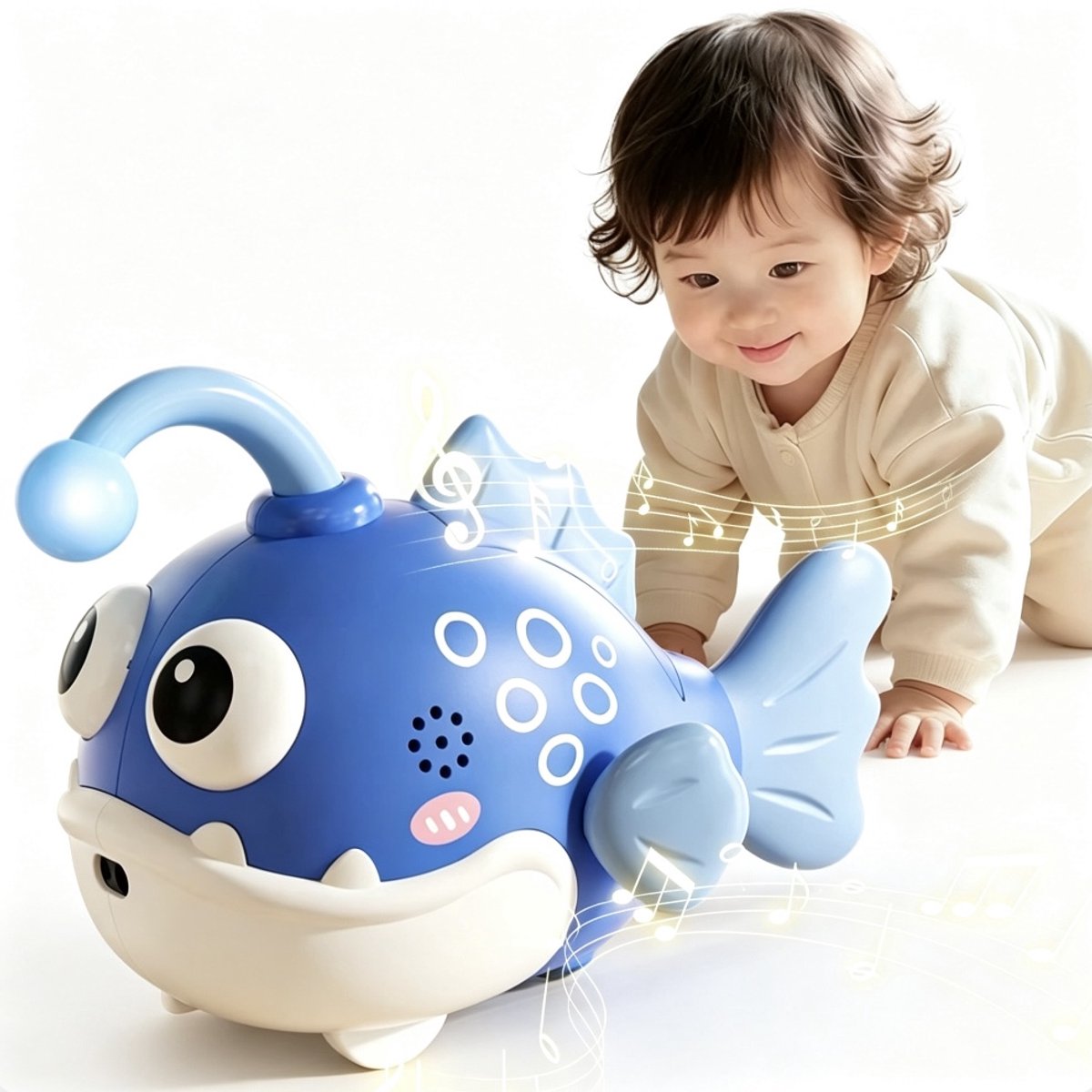 Elektrische Schommelvis Baby Speelgoed - 60 Liedjes - Geluidsgestuurd met LED‑Licht, Kruipstimulerend Montessori Speelgoed - Educatief Muzikaal Speelgoed voor Baby 6‑18 Maanden - Cadeau voor Jongens en Meisjes - Blauw