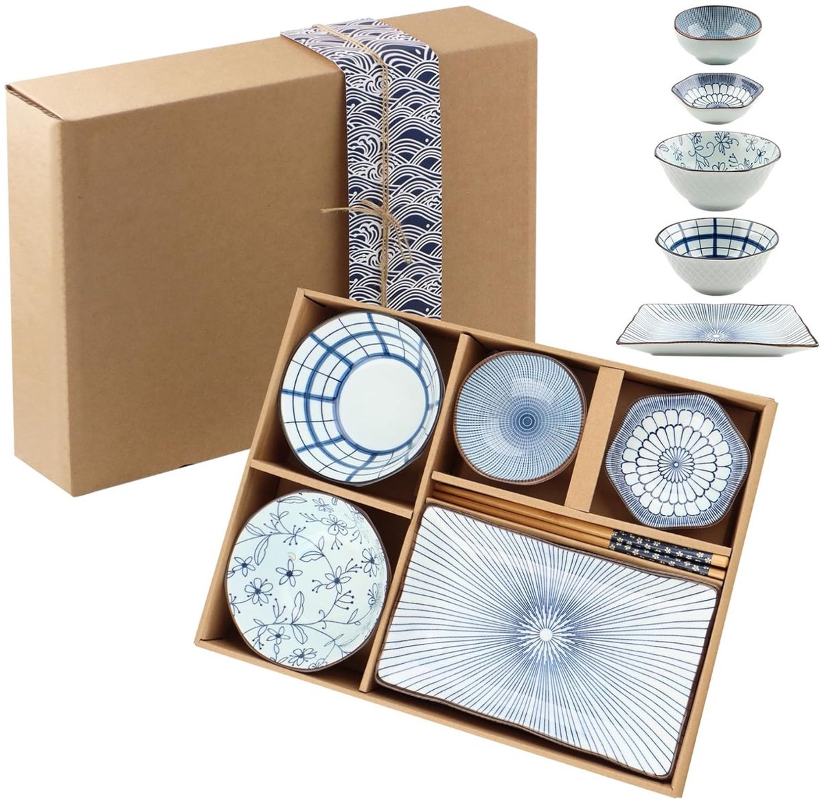 Japans servies - Set Blauw met 4 Kommen 1 rechthoek Bord en 2x Eetstokjes - Voor serveren van Sushi Rijst Sausjes etc.