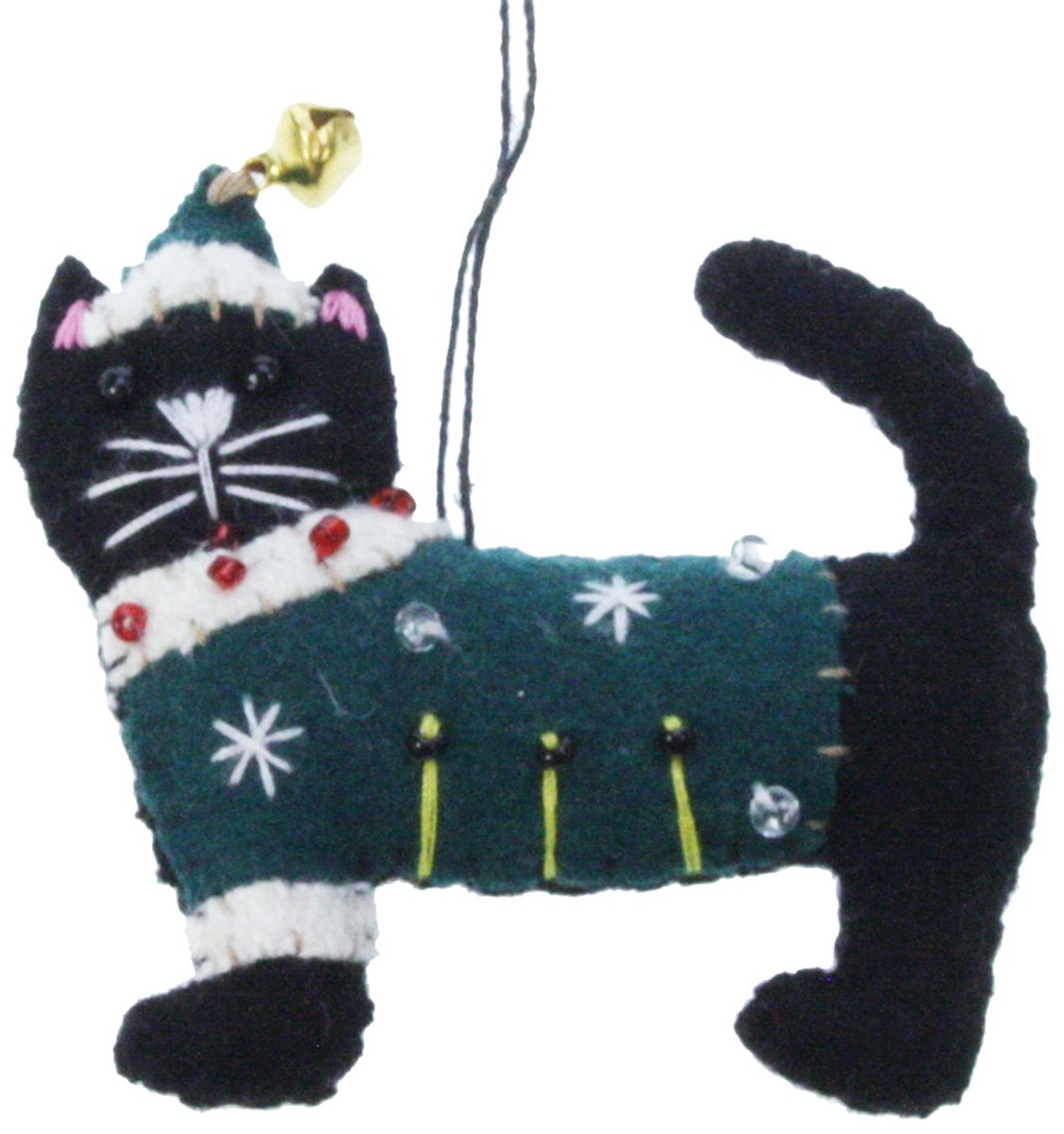 Kat met kerstmuts zwart/ groen, vilt 6x1x6cm
