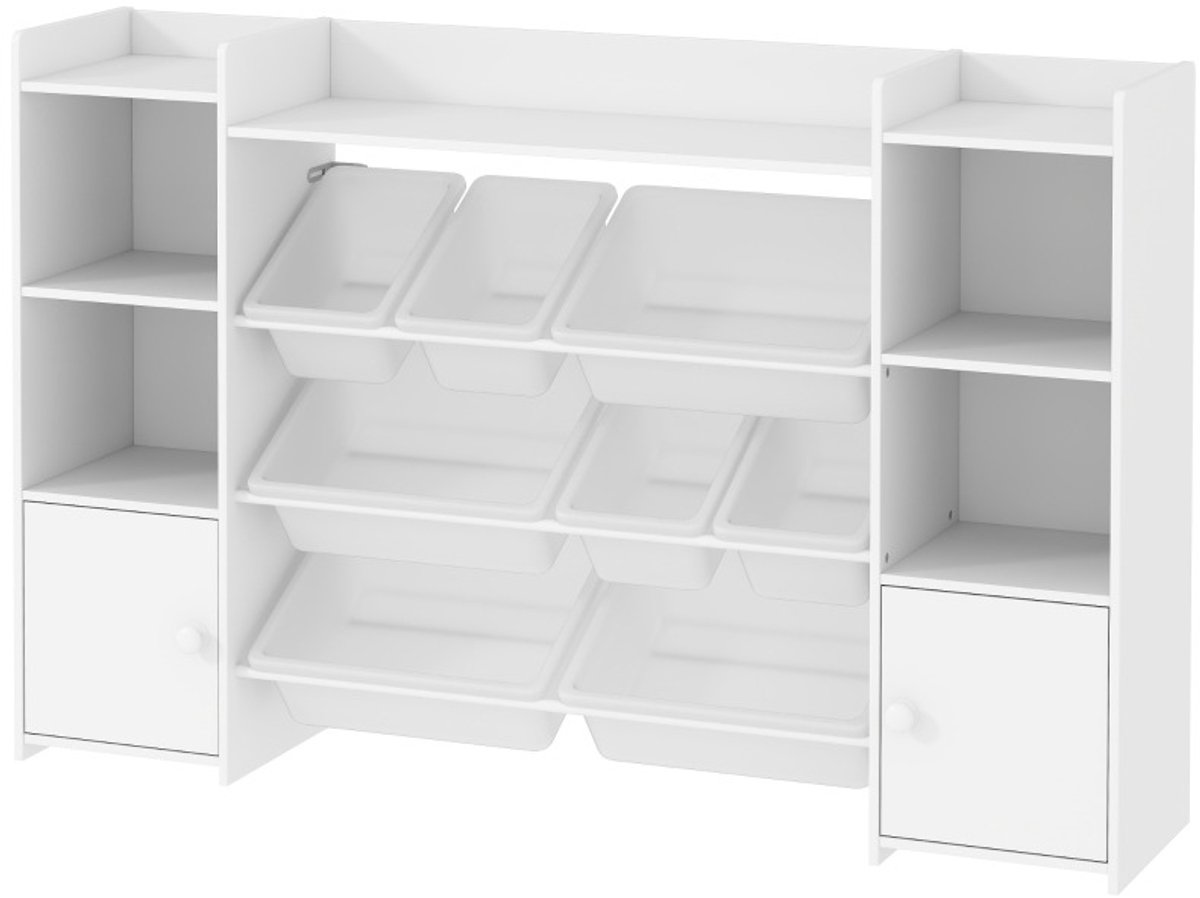 REDOM - Kinder opbergkast - Voor boeken en speelgoed - Met 8 uitneembare opbergboxen - MDF en metaal - Wit - 140 x 30 x 90 cm