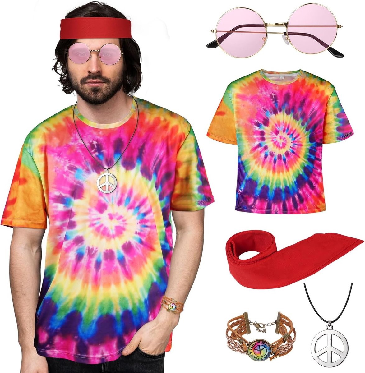 Hippie Kostuum Set voor Mannen en Vrouwen, 5-delige Outfit met T-Shirt, Zonnebril, Haarbanden en Vlechtarmbanden voor Halloween en Retro Feestjes