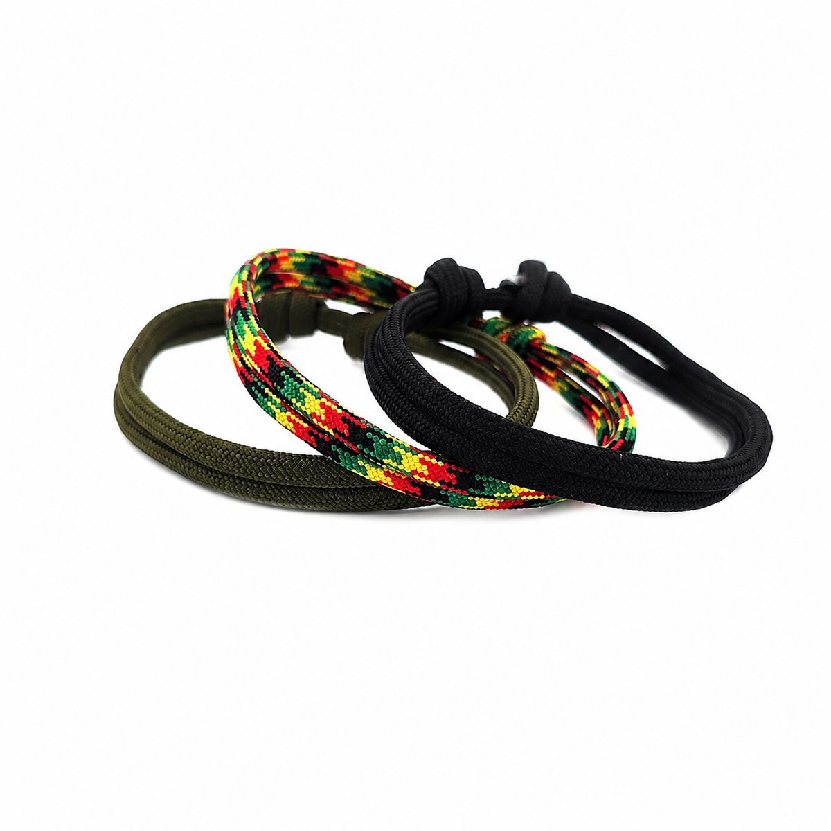 Paracord armbandjes voor heren set van 3 met verstelbare schuifknoop vanaf 17 cm in groen zwart en rastakleuren
