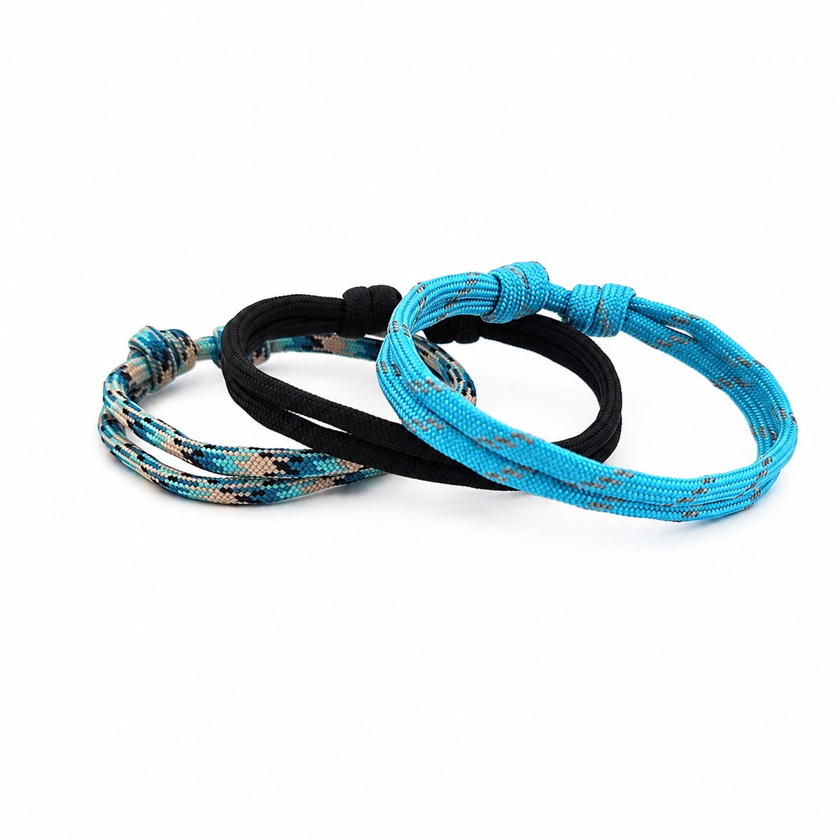 Set van 3 geknoopte paracord armbandjes - zwart - army blauw en reflector