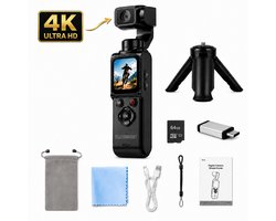SolutionMarket® Pocket Camera 4K Ultra HD - Caméra d'action avec objectif rotatif à 330° - Caméra pour vlogs - 64 MP - Suivi des visages - Wi-Fi - Écran tactile - Carte SD de 64 Go - Lecteur de carte USB