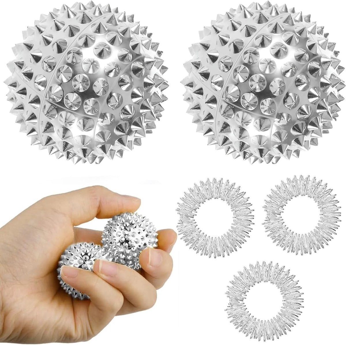 Set van Spiky Massageballen van 3.2 cm met Magnetische Veer Ringen voor Handtherapie en Stressverlichting, Ideaal voor Spierontspanning en Pijnverlichting