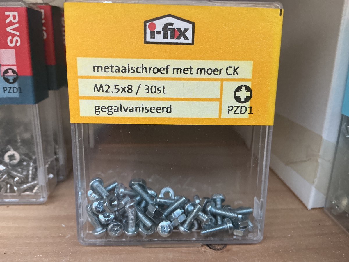 Bouten met moeren.M2.5 x 8mm. Lang. Metaalschroeven. Cilinderkop. Verzinkt. 30 stuks. Kruiskop. Ifix.