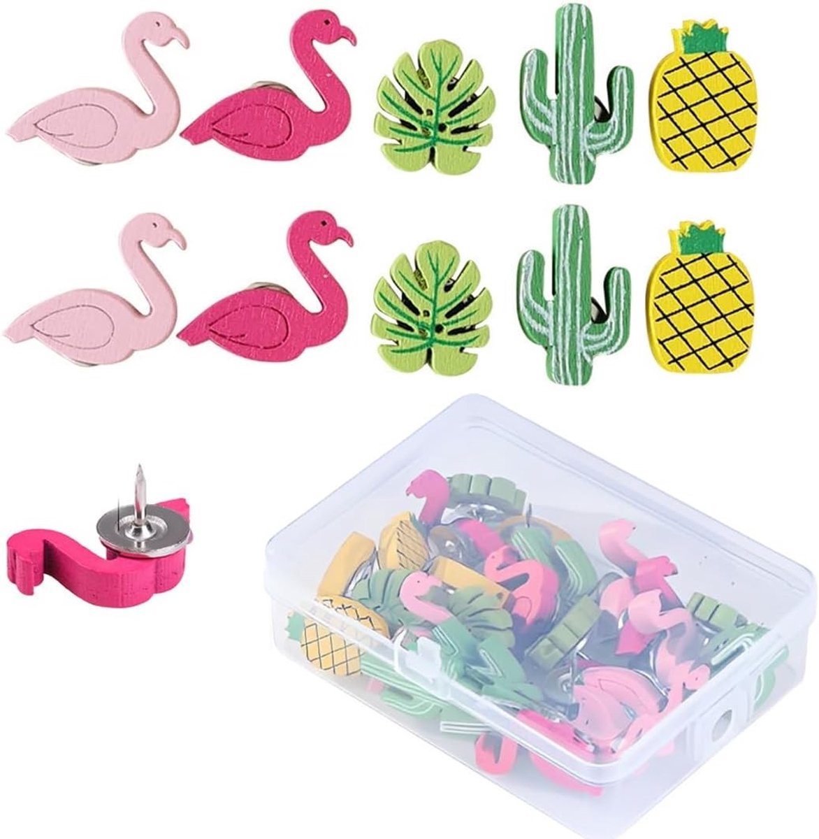 Decoratieve Prikborden Punaises - Multicolor - 50 Stuks - Houten Figuren met Flamingo's en Cactussen - Voor Thuis en Kantoor