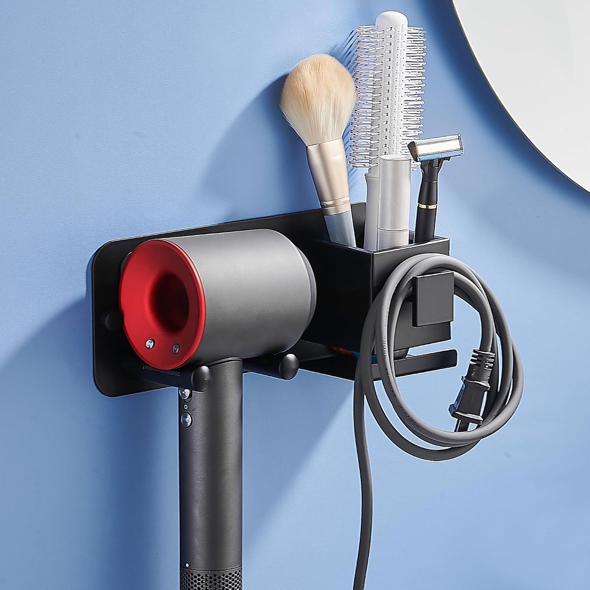 Föhnhouder zonder boren, haardrogerhouder voor badkamer, met stekkerhouder en opslag voor de meeste haardrogers, zwart - ShopVlot