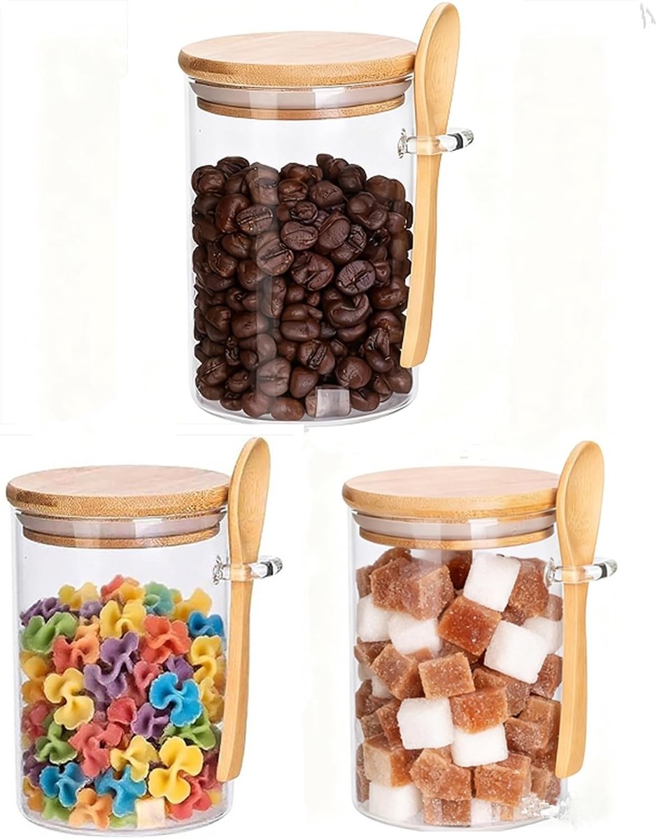 Glazen Voedselpot - Transparant - 530 ml - Luchtdicht met Bamboe Deksel - Voor Keuken en Badkamer
