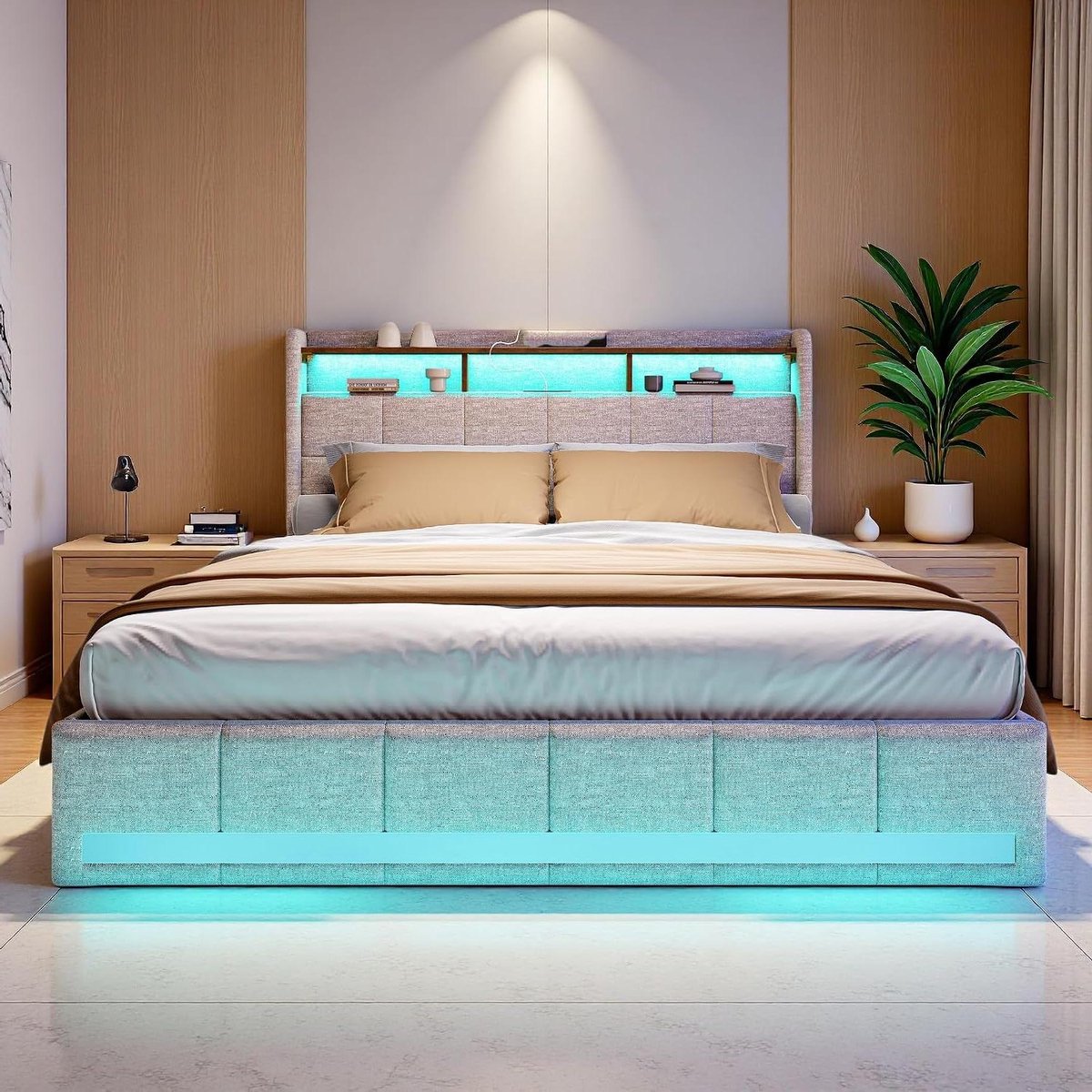 Gestoffeerd Bed - Tweepersoonsbed Opbergruimte - Slaapkamer Organiseren - Geïntegreerde LED en USB - 140x200 cm - Beige