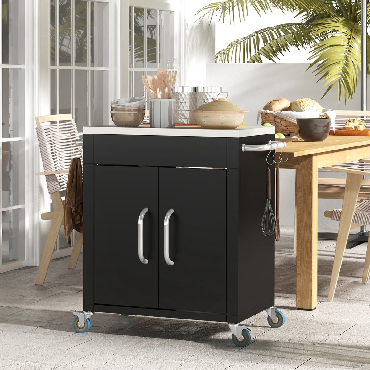 Keukenkast Met Wielen En Roestvrij Stalen Blad Voor Keuken En Eetkamer Met 6 Haken En Dubbele Deuren Zwart 86 X 50 X 86,5 Cm