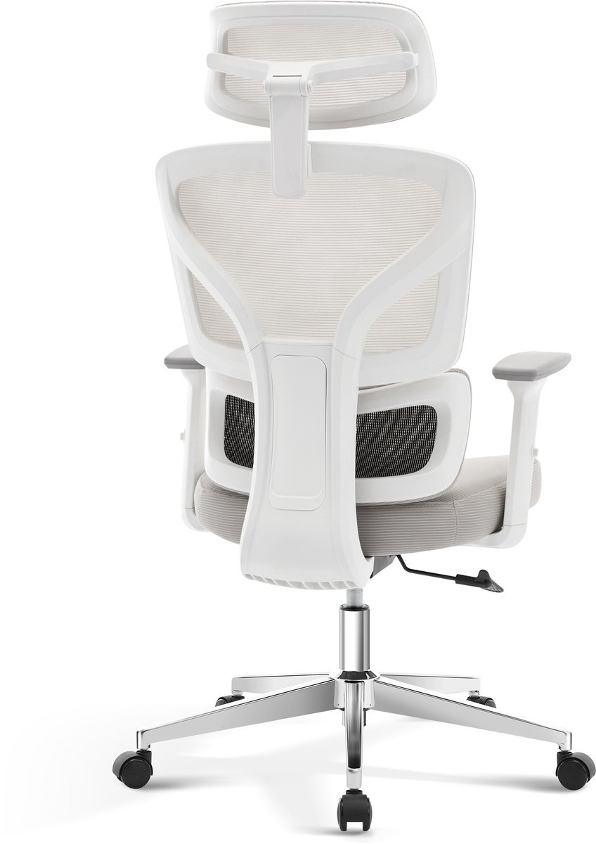 Triumpunpre - Ergonomische Mesh Bureaustoel Met Voetensteun - Verstelbare Hoofd‑ En Lendensteun - 3D Armleuningen - 135° Reclinerend Kantoorstoel Voor Thuiswerkplek - Verchroomde Poten Wit Frame Grijs