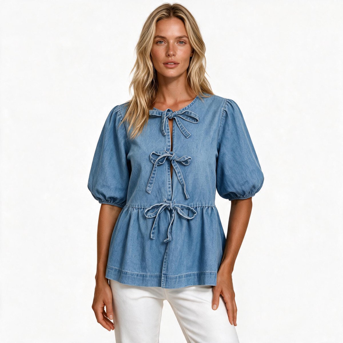 Imily Bela Dames Denim Blouse met Pofmouwen en Strikdetails