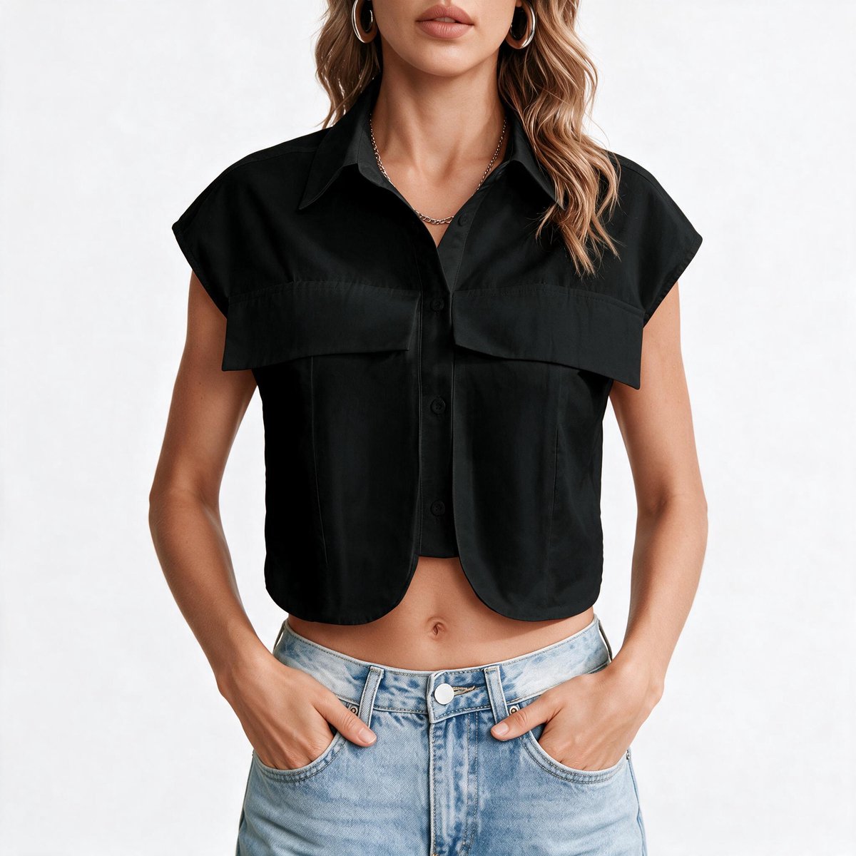 Imily Bela Dames Cropped Blouse Mouwloos met Grote Borstzakken