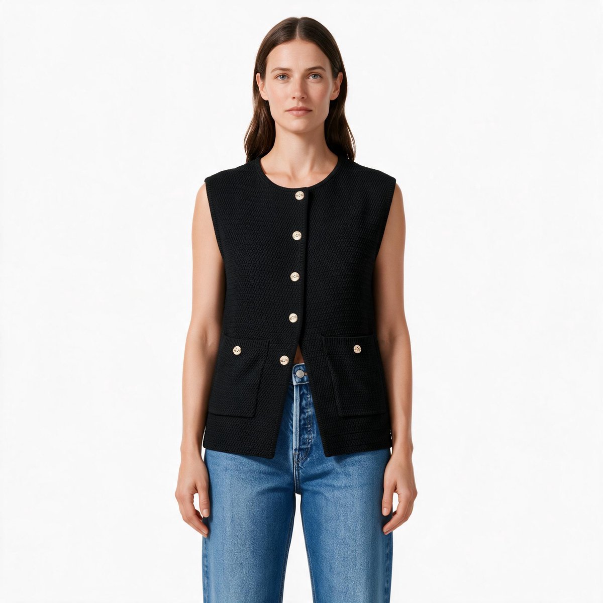 Imily Bela Dames Mouwloos Gilet met Knopen en Opgestikte Zakken