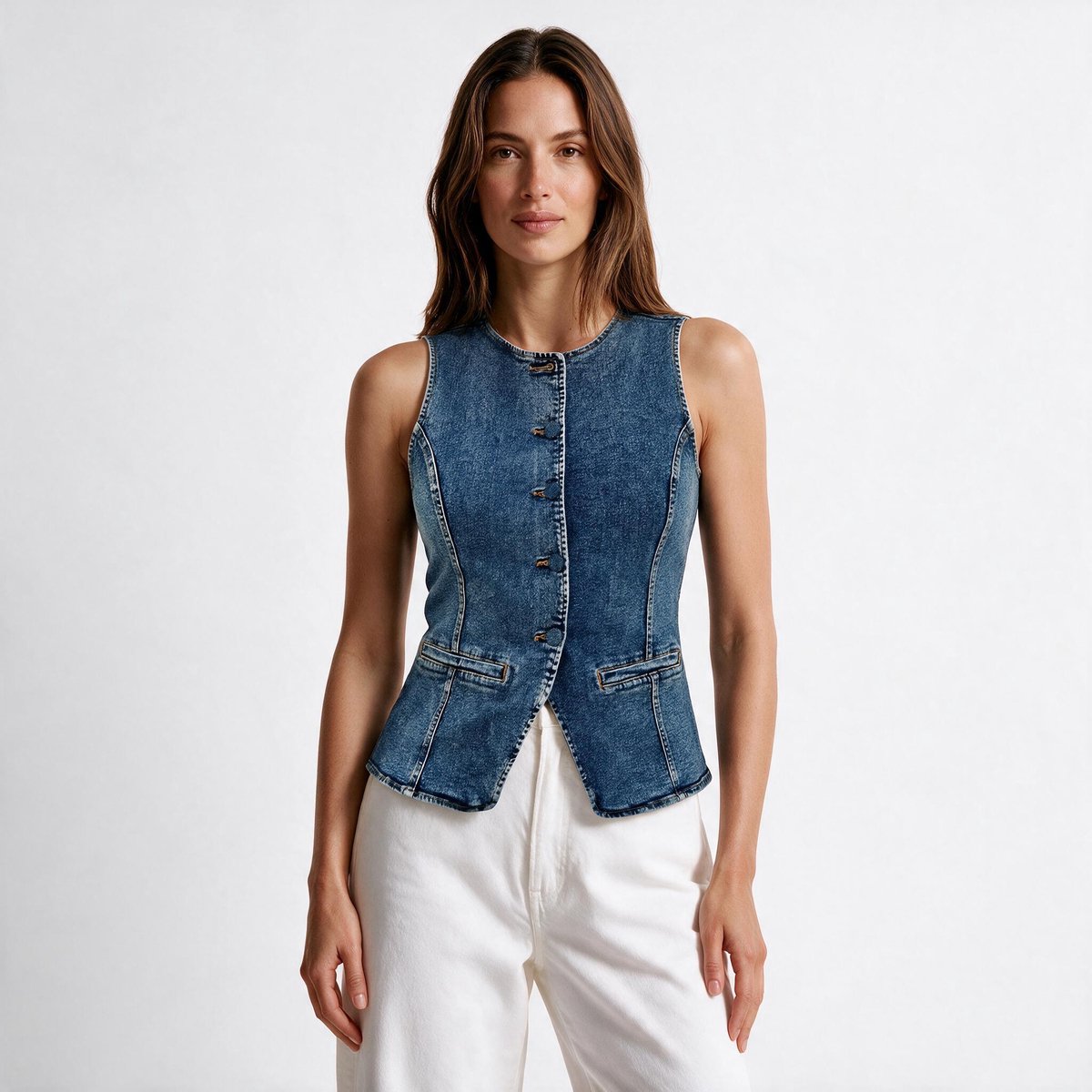 Imily Bela Dames Getailleerd Denim Gilet met Knopen