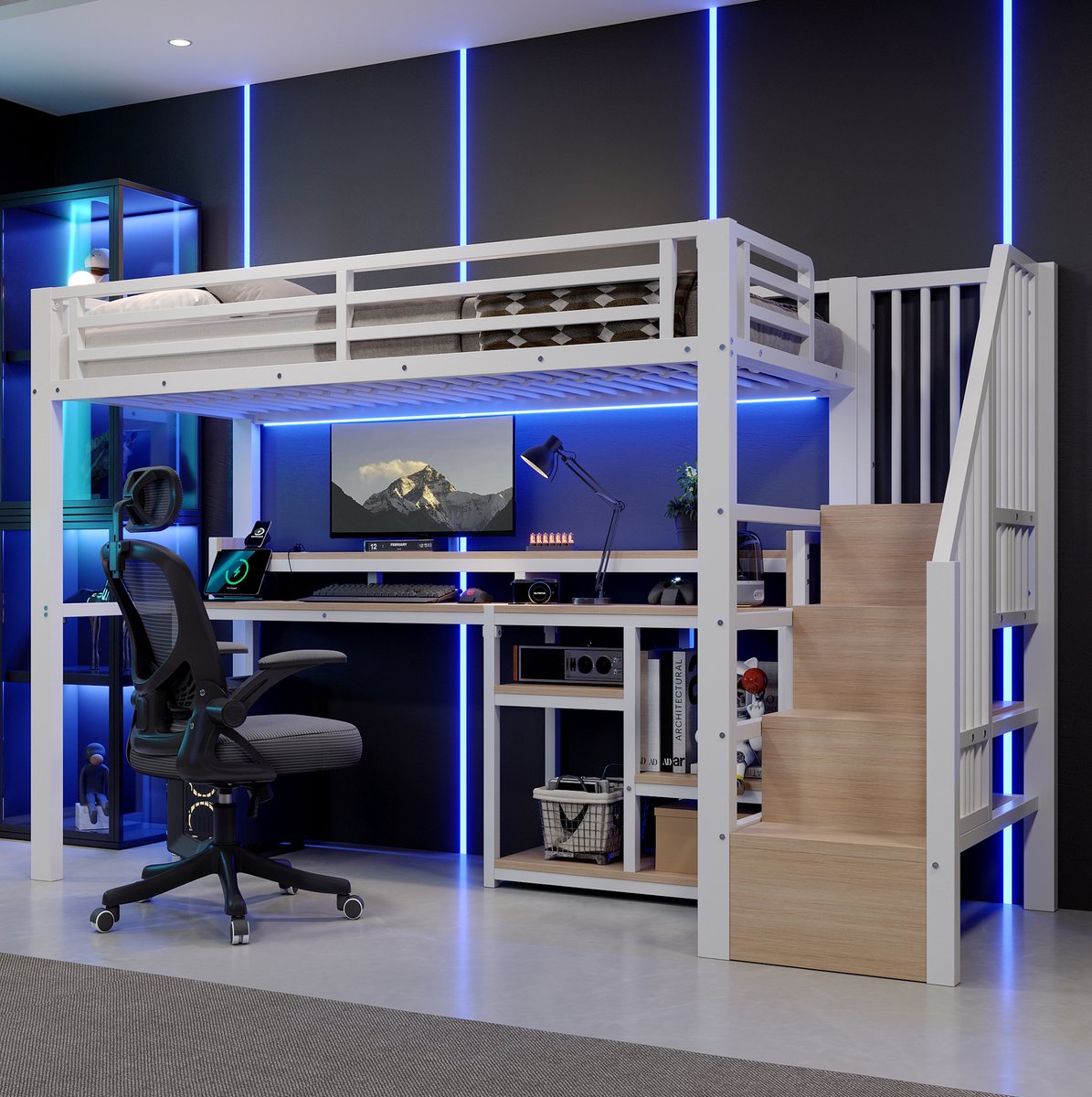 STILVORA Hoogslaper 90 x 200 cm - Met Bureau, Trapkast En Opbergruimte - LED Verlichting, USB En Type C - Voor Kinderen - Metaal En MDF - Wit Zonder Matras