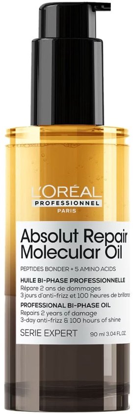 L'Oréal Professionnel Absolut Repair Molecular Oil, huile capillaire bi-phase dans un flacon pompe, 90 ml.