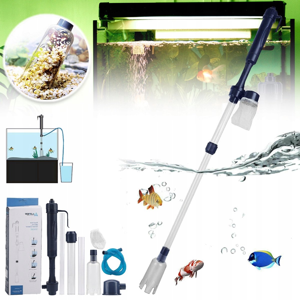 Aquarium Hevelpomp Met Elektrische Grindzuiger - Verstelbare Hoogte, Eenvoudige Installatie Waterverversing En -Afvoer 52 cm Diepte ABS-Behuizing - Voor Aquariumonderhoud - Transparant En Zwart