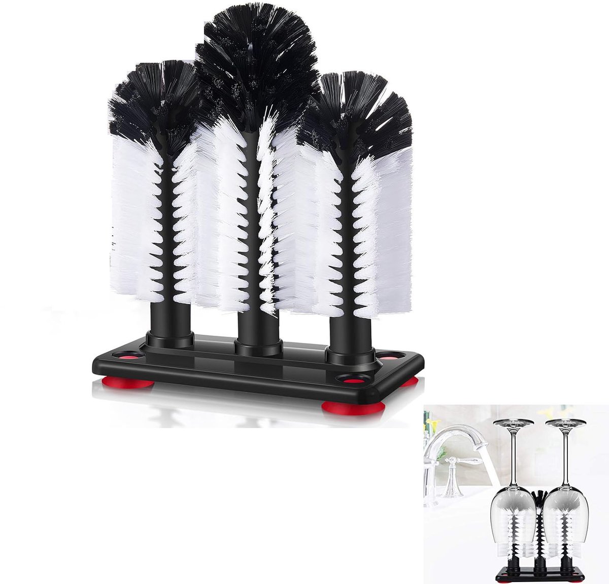 Glazenreinigingsborstel voor de bar - Glazenreinigingsborstel - Reinigingsborstel met drie borstelkoppen - 18,5 x 9,5 x 26,5 cm - Met zuignap - Afneembaar - Geschikt voor bierglazen, wijnglazen en andere glazen - Zwart