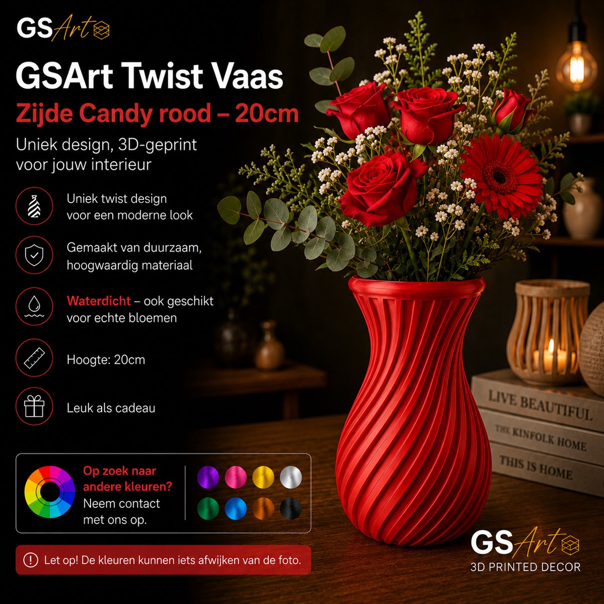 GSArt Twist Vaas 20 cm – Waterdichte 3D Geprinte Design Vaas - Zijde Candy rood