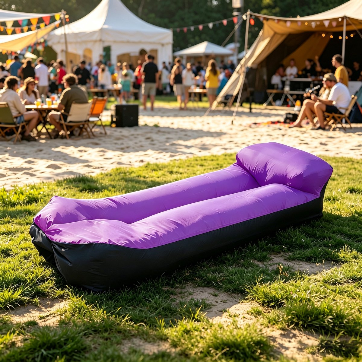 Opblaasbare slaapbank met kussen 220×70×60 cm ( paars‑zwart) waterdicht & lekvrij draagbaar perfect voor kamperen stranduitje picknick muziekfestivals en vakantiereizen