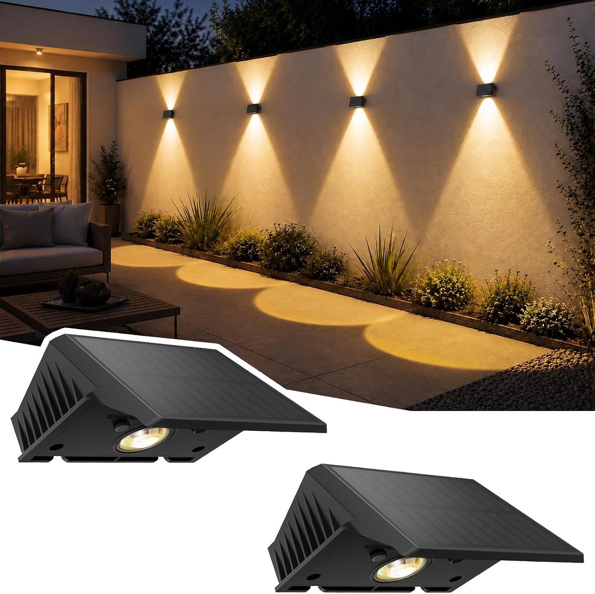 KZQ Solar wandlamp IP67 - Waterdichte muurlamp met warm wit LED en schemer-sensor - Voor tuin, terras, poort, garage - 2 stuks, zwar