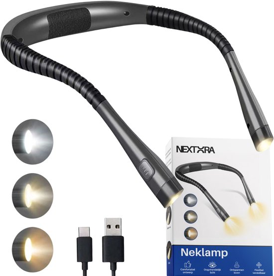 Lampe de cou noire avec bras flexibles et deux lampes LED réglables. Câbles USB-C et USB-A inclus.