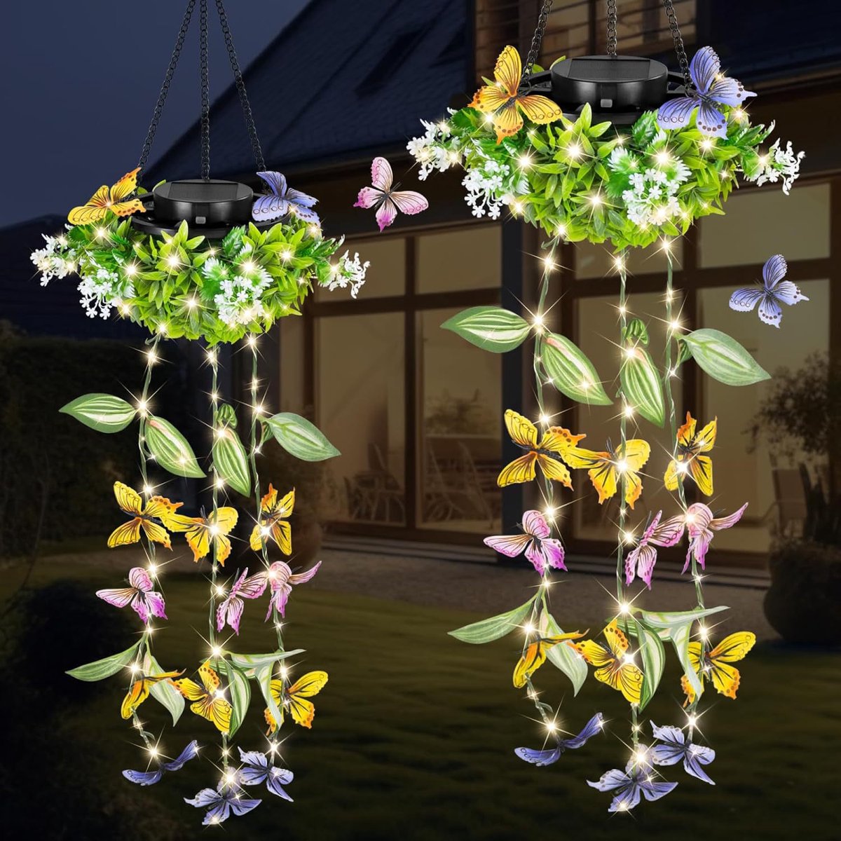 Kunstmatige Klimop met Vlinders – Solar LED Hangplant – 2 Stuks – Warmwit Licht – Kunstplant voor Balkon, Terras, Veranda & Tuin – Zonne-energie – 4-6 Uur Opladen – 8-12 Uur Verlichting