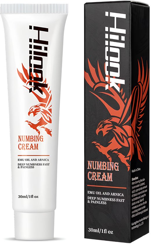 Tube en doosje 'Hilook Numbing Cream' met rode adelaar erop. Bevat 30ml.