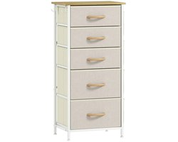 Dressoir - Slaapkamerladekast Met 5 Stoffen Lades - Stalen Stutten - Houten Oppervlak - 4 Opbergvakken - 2 Haken - Beige