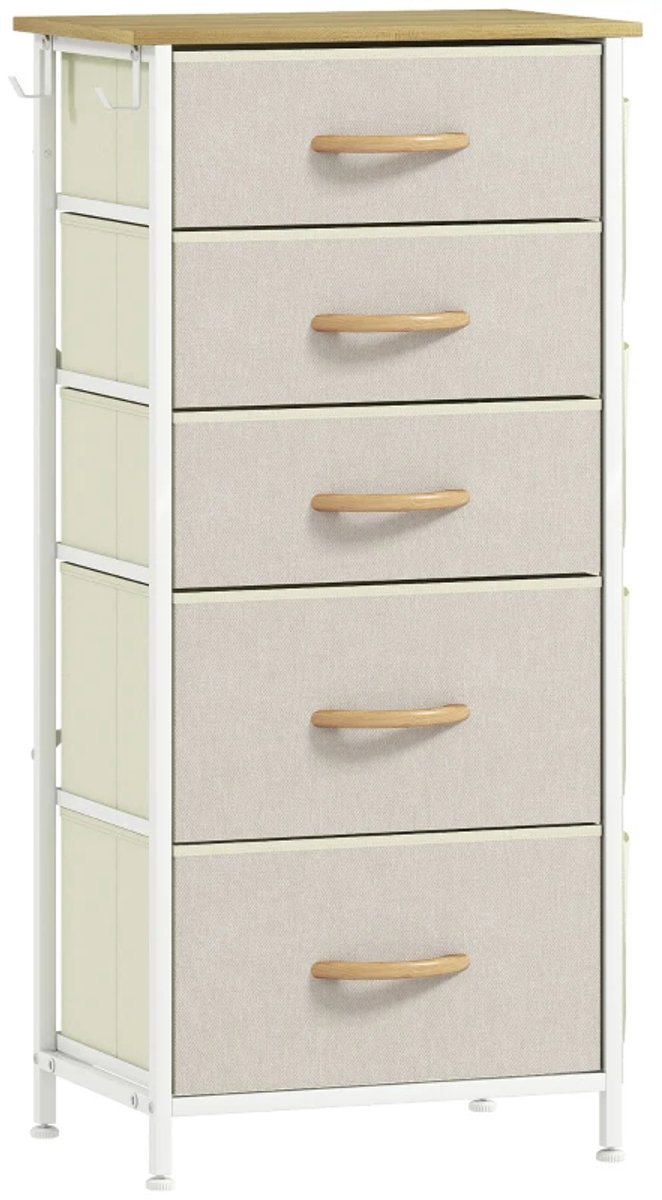 Dressoir - Slaapkamerladekast Met 5 Stoffen Lades - Stalen Stutten - Houten Oppervlak - 4 Opbergvakken - 2 Haken - Beige