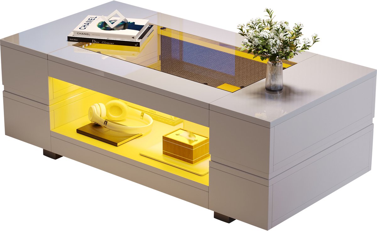 Ropilly Salontafel Wit - LED Salontafel - Bluetooth App Bediening - Met Opbergruimte - Hoogglans Glazen Blad - Woonkamer - 100x50x35cm - Wit