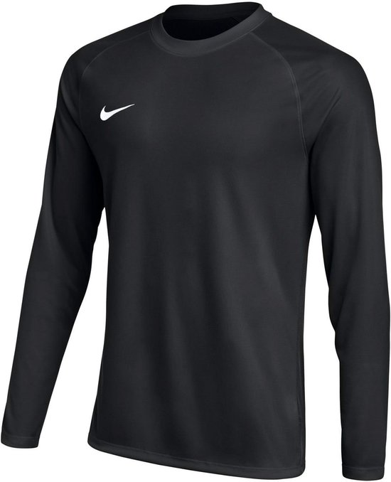 T-shirt de sport Nike noir à manches longues, col rond et logo Nike blanc sur la poitrine.