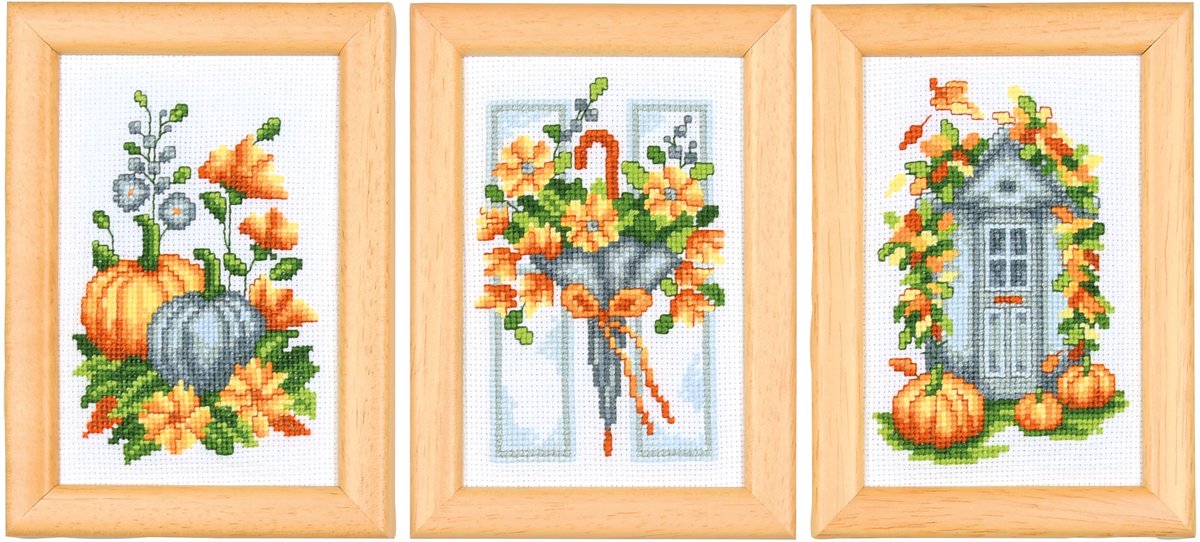 Vervaco - Miniatuur kit Herfst set van 3 - PN-0227555 - Borduren - Borduurpakket - Borduurpakket volwassenen - Borduurpakket kind
