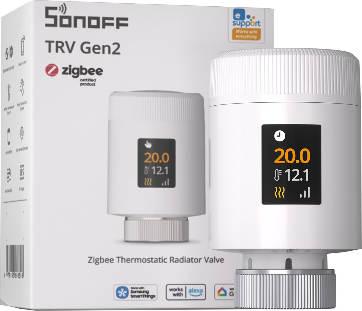SONOFF TRV-ZBT Gen2 Zigbee-thermostatische radiatorkraan,kleiner,IPS kleuren‑display,Ultrastille werking,Kalk‑ & vorstbeveiliging, kinderslot,3 onafhankelijke temperatuurprogramma's