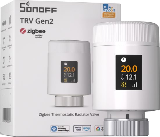 Sonoff TRV Gen2 Zigbee radiatorkraan met wit cilindrisch ontwerp en een duidelijk digitaal IPS-display.
