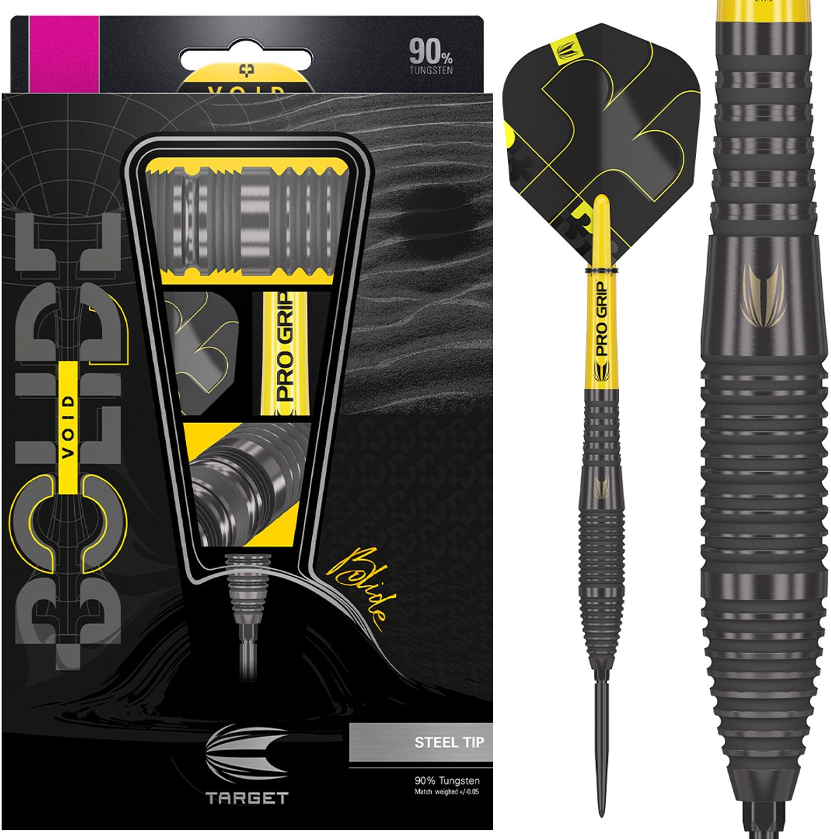 Target Darts Bolide Void Steel Tip Dartpijlen 26G Barrel 05 - 90% Tungsten met Swiss Point Technologie, Pro Grip Shafts en Pro Ultra Flights - Zwarte Titanium Nitride Coating