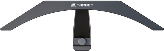 Zwarte Target dartbordverlichting met gebogen arm en logo, geïsoleerd op witte achtergrond.