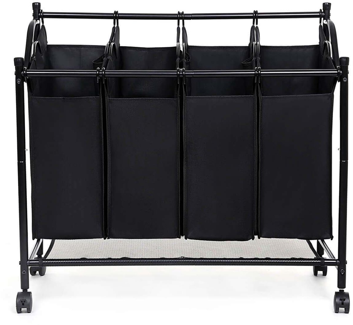 Wasmand Wasgoed Sorteerrek Waswagen 87.5 x 38.5 x 81 cm Zwart met 4 afneembare waszakken en 4 wielen 4 x 35 liter grote capaciteit Stevig stalen buizenframe voor wasruimte slaapkamer en badkamer