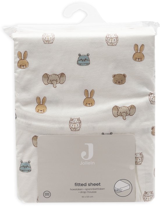 Wieg laken met dierenprint: konijnen, olifanten, beren en egels op een witte achtergrond.