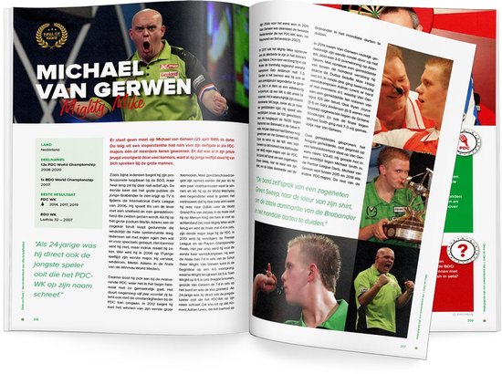 Michael van Gerwen in groene polo met logo "Mighty Mike" op podium met trofeeën.