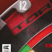 Gedetailleerd shot van "TOR" logo op rood en zwart dartbord met witte cijfers en groen/rood segment.
