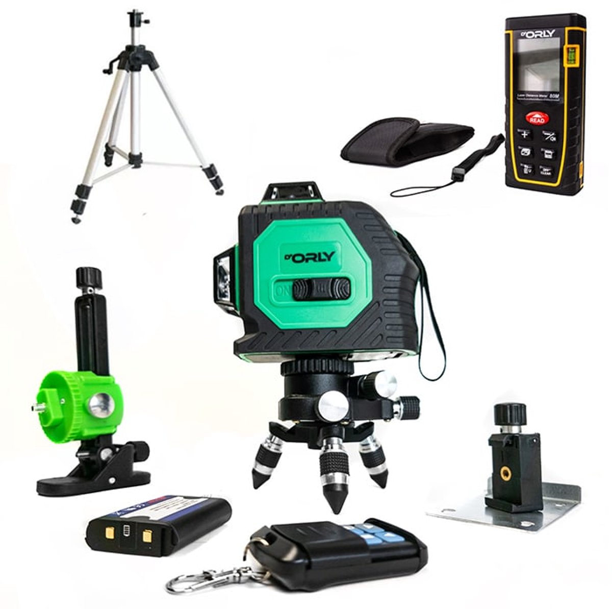 D'Orly Kruislijnlaser 3D 360G Groen + D'Orly Verstelbaar aluminium statief + D'Orly 3080 Laserafstandsmeter 80 mtr