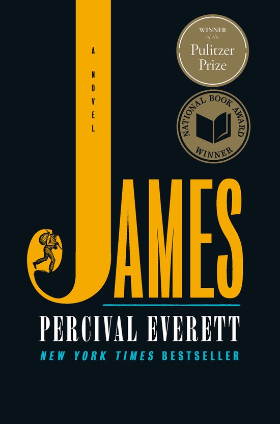 Boek "James" van Percival Everett, winnaar Pulitzer Prize, met een gele "J" en tekst "A Novel".