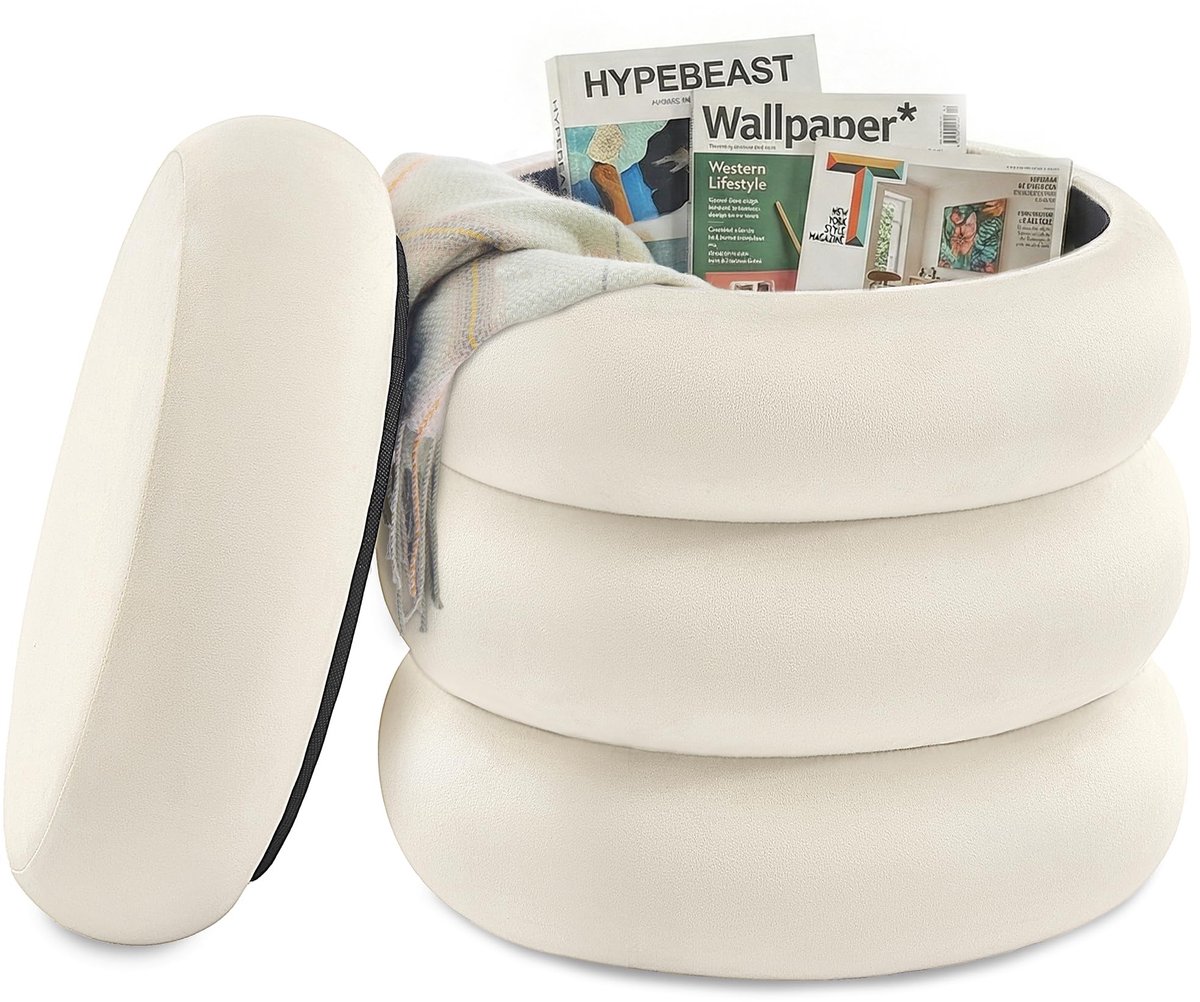 Famanu – Opbergpoef van fluweel, ronde hocker met 30 liter inhoud, 43 x 43 x 47 cm, ideaal voor extra opbergruimte en zitgelegenheid
