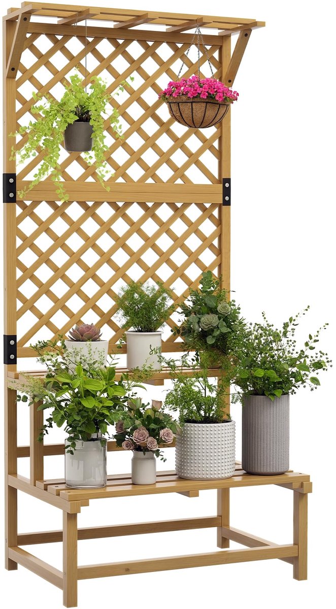 Famanu – Bloementrap met klimhulp, 2 treden, dak, 75x50x166cm Geel