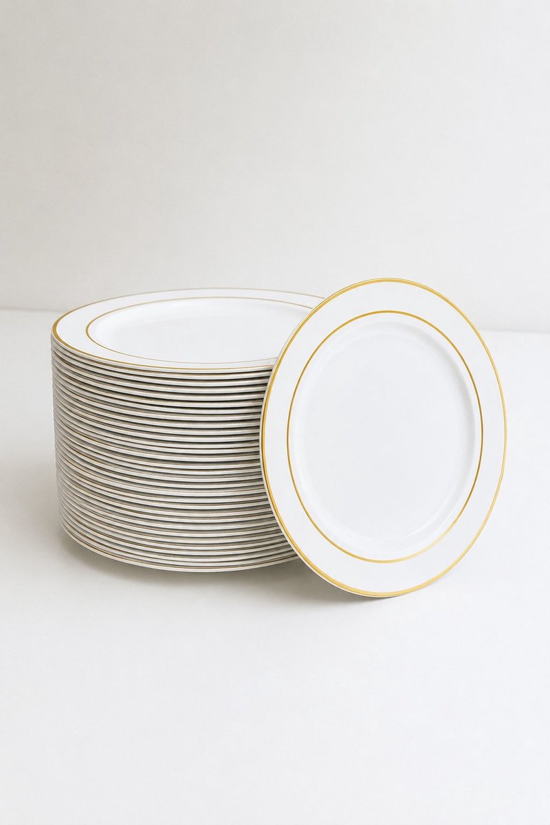R&H® 25 Premium Witte Plastic Borden met Gouden Rand - 26 cm, Herbruikbaar Kunststof Feestbord